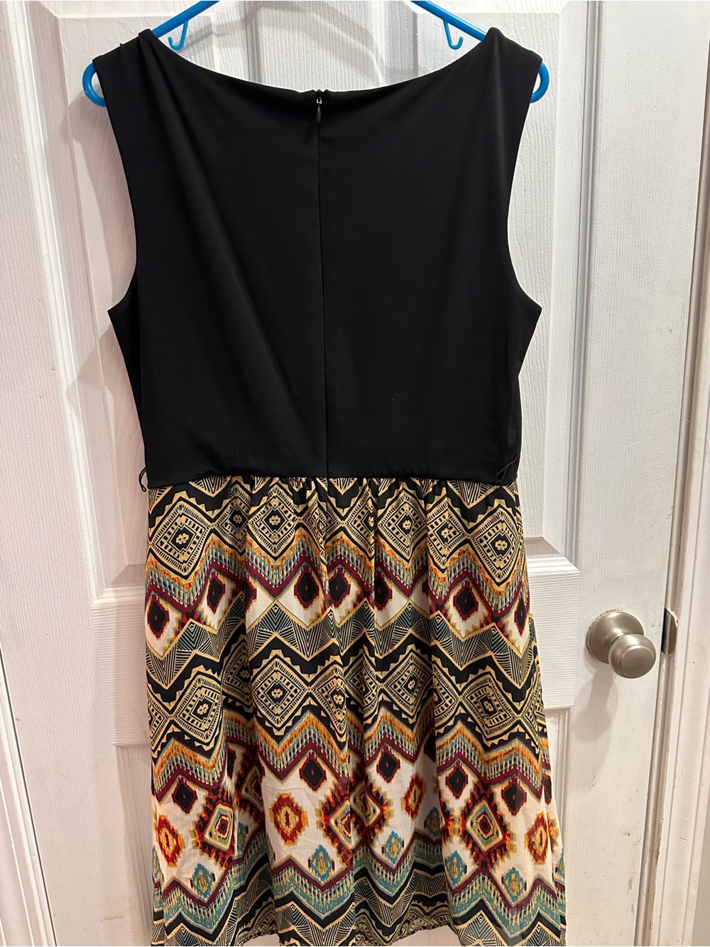 Sleeveless Black Midi Dress with Multicolor Geometric skirt- dress - Picture 2 of 4